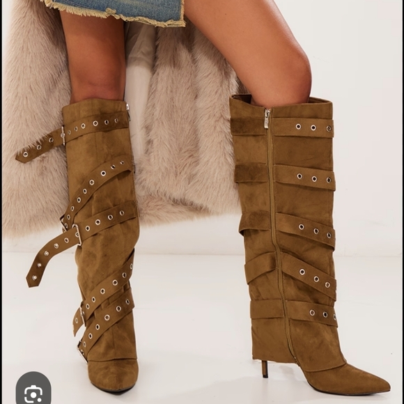 Faux Suede Point Toe Fold Over Buckle Strap Knee High Heeled Boots - Picture 2 of 5